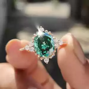Oval Cut Green Sapphire Halo engagement Cluster ring art deco Pave wedding rings - Imagen 1 de 7