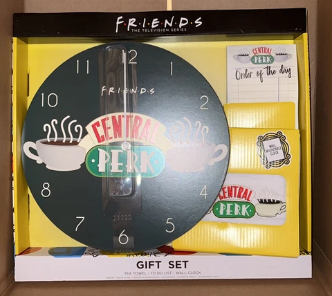 FRIENDS “Central Perk” Gift Set w/ WALL CLOCK, Tea Towel and To-Do-List Pad, NEW Cover