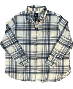 NWT Gap Boyfriend Flannel Blue Plaid Button Down Long Sleeve Shirt Womens XXL 20 - Picture 1 of 9