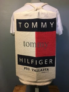 Vtg 1990s 90s Tommy Hilfiger Baja Backpack Spellout Logo Pouch Beach Tote Bag - Picture 1 of 8
