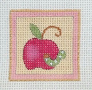Melissa Shirley HP needlepoint APPLE w/ WORM mini ornament 587-D 2.25"sq 13mesh - Picture 1 of 3