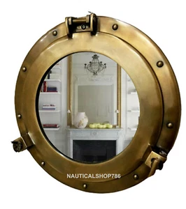 Antiguo espejo de pared de latón de 15" ojo de buey náutico barco barco decoración del hogar - Imagen 1 de 3