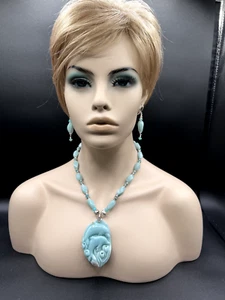 NATURAL AMAZONITE HANDCARVED DOUBLE DOLPHIN PENDANT NECKLACE ER SET IN SILVER - Picture 1 of 17