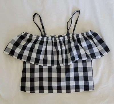 Top para mujer RACHEL ANTONOFF blanco y negro con volantes de guinga fuera del hombro - talla XS Foto 1 de 4