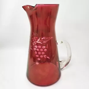 Cranberry Etched Flashed Glass Martini Pitcher Clear Applied Handle 10" Tall - Picture 1 of 15
