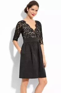 Eliza J Black Lace V-Neck Fit and Flare Dress Size 6P Eyelash Lace Tan Black 3/4 - Picture 1 of 10