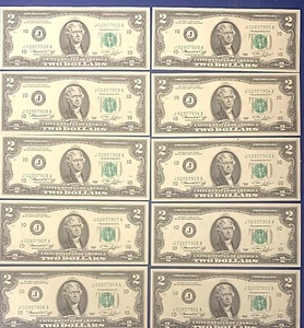 Lot of 10 Consecutive US $2 Federal Reserve Notes - 1976 - UNC $20 Value #4 - Picture 1 of 3