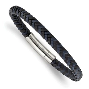 Stainless Steel Polished Black and Blue Braided Leather 8.25in Bracelet - Picture 1 of 3