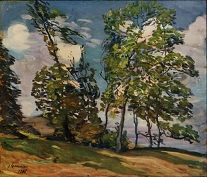 Impresión a color antigua firmada por Alexander Jamieson "Paisaje con árboles" certificado de autenticidad enmarcado - Imagen 1 de 2