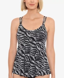 Swim Solutions MOTION LINES BLACK Pleated-Front Tankini Swim Top, US 12 - Picture 1 of 4