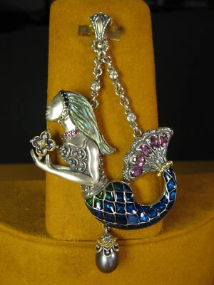 BARBARA BIXBY MERMAID ENHANCER PENDANT GEMSTONE ENAMEL FLOWER Pearl Garnet Shell - Image 1 of 4