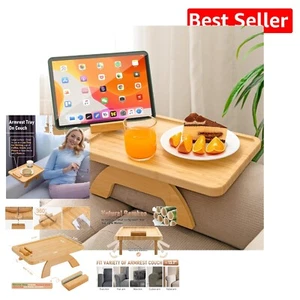 Versatile Couch Arm Tray - Bamboo Clip-On Side Table with Rotating Phone Holder - Picture 1 of 10