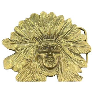Vintage 70's Solid Brass Native American Chief w/Headdress Belt Buckle - Picture 1 of 2