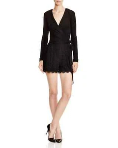 Diane von Furstenberg Black Tillie Wrap Romper Stretch Lace Sz 0 - Picture 1 of 9