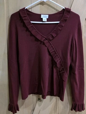 Loft Wine Colored V Neck Pullover Sweater Ruffled Neck & Cuff M - Image 1 of 4
