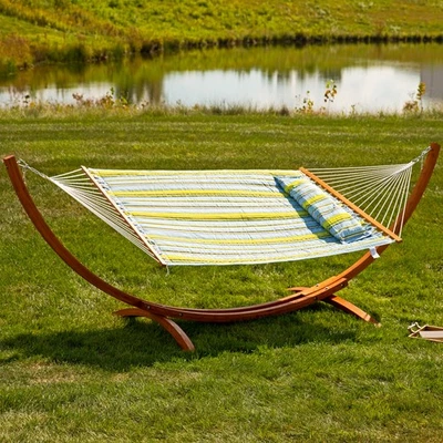 2-Person Quilted Hammock with Curved Wooden Stand - Blue/Green by Sunnydaze - Image 1 of 4