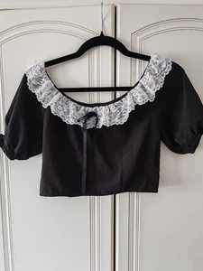 Black Top With White Lace Frill Size Xs - Picture 1 of 2