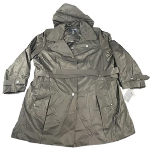 London Fog Coat Womens 3X Black Hooded Belted Trench Rain Jacket Plus Size NWT - Picture 1 of 10