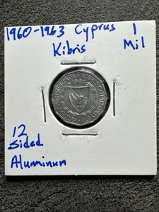 1960-1963 Cyprus/Kibris 1 Mil - 12 Sided Aluminum Coin. Non Magnetic. - Picture 1 of 4