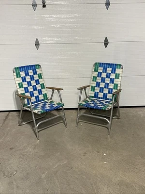 2 Aluminum Webbed High Back Patio Lawn Chairs Blue Green White Folding Vintage - Image 1 of 4