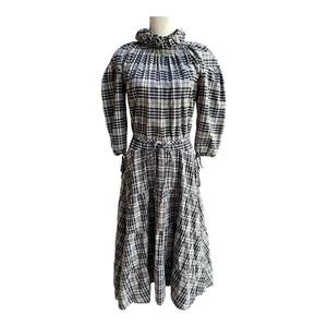 TEIJA Maxi Dress Women's Size 8 Plaid Tie Waist Tiered Wool Cotton Blend - Picture 1 of 6