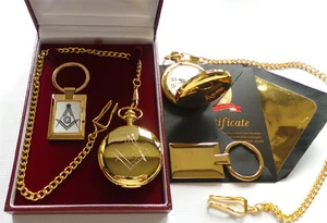 Masonic Freemason 24k GOLD Luxury Hunter POCKET WATCH & KEYRING Gift Set Case - Picture 1 of 3