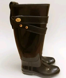 Sz 6 Coach Talia Tall Black Waterproof Rain Boots Rubber Designer Luxury EUC - Picture 1 of 6