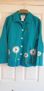QUACKER FACTORY QUIRKY TURQUIOSE DAISY & LADYBIRD JACKET Sz MEDIUM - Picture 1 of 4