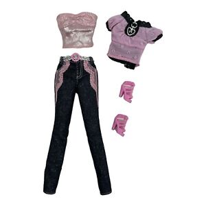 Barbie Fashion Fever Closet Pink Black Silver Outfit Lot Jeans Shoes 2 Tops