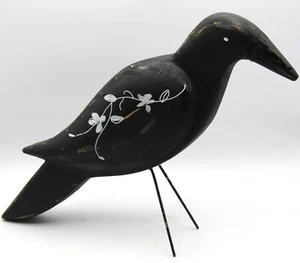 VINTAGE FOLK ART HAND CARVED WOOD PAINTED BLACK BIRD w/METAL LEGS (16" long) - Picture 1 of 5
