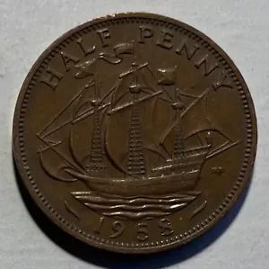 Great Britain 1/2 Half Penny 1958 - Sir Francis Drake Golden Hind Ship - Picture 1 of 3