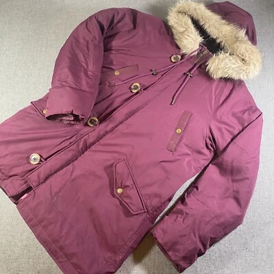 Abrigo parka de gran tamaño J Crew para mujer talla pequeña rojo bugunña capucha de piel pesada Foto 1 de 4