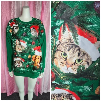 Sudadera Freeze Navidad Verde Gatos Perros Iluminada Vacaciones Talla Grande  Foto 1 de 4