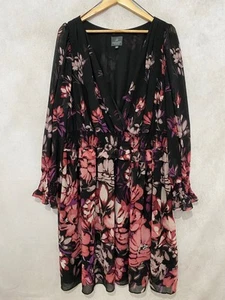 Adrianna Papell Black Floral Midi Dress V-Neck Long Sleeve Size 22W Plus Size - Picture 1 of 8