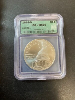 1994 D CAPITOL COMMEMORATIVE DOLLAR ICG MS-70 - UNCIRCULATED -CERTIFIED SLAB- $1 - Image 1 of 2
