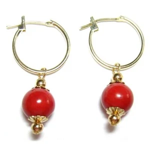 Pendientes de aro de coral rojo genuino de 8 mm oro amarillo de 14 K o plata esterlina - Imagen 1 de 1