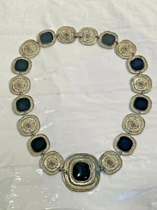 Vtg Silver Tone Metal & Faux Onyx Black Plastic Chunky Statement Choker Necklace - Picture 1 of 7