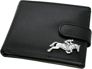 Genuine Black Leather Wallet with a Pewter Horse & Rider Jockey Racing Emblem - Picture 1 of 2