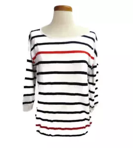 Market Spruce Sweater Large White Black Red Stripes 3/4 Sleeves Cotton Blend - Picture 1 of 5