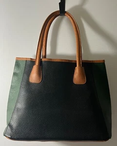 Neiman Marcus Handbag Lg Pebbled Grained Faux Leather Open Top Tote Grn/Blk/Tan - Picture 1 of 15