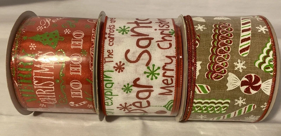 LOT of 3 -New Christmas Ribbon Candy, Joy, Ho Ho, Dear Santa  2.5" X 10YDs - Image 1 of 4