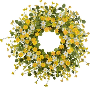 24Inches Artificial Yellow Daisy Wreath with Green Eucalyptus Leaves and Lavende - Picture 1 of 8