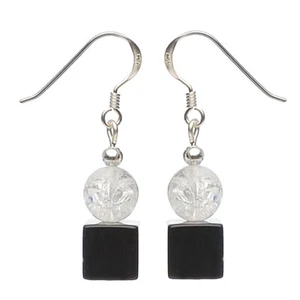 Orecchini Pendenti IN Onice & Cristallo di Rocca,925 Argento,Nero Bianco,Donna - Foto 1 di 4