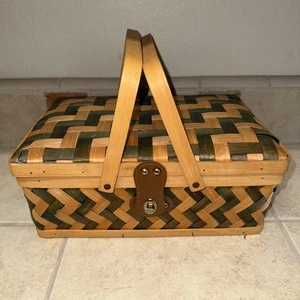 Vintage Woven Wood Picnic Basket - Picture 1 of 4