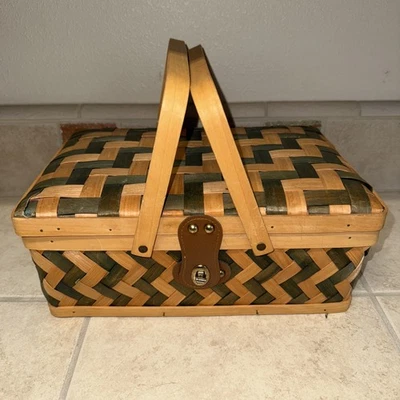 Vintage Woven Wood Picnic Basket - Image 1 of 4