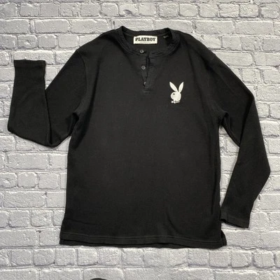 Camisa Playboy By PacSun Henley Para Hombre M Negra Tejida Gofre Bordada Conejito Gótico Foto 1 de 4
