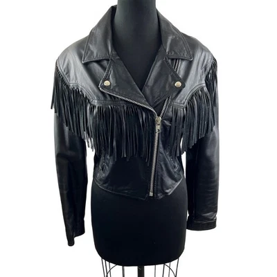 VINTAGE Fidelity Black Cropped Moto Jacket Leather Fringed Notch Lapel Zip 12 - Image 1 of 4