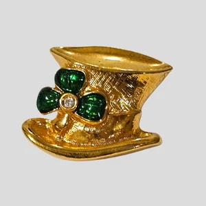 Avon Gold-Tone Leprechaun Hat Pin Brooch with Green Shamrock Rhinestone Accent - Picture 1 of 3