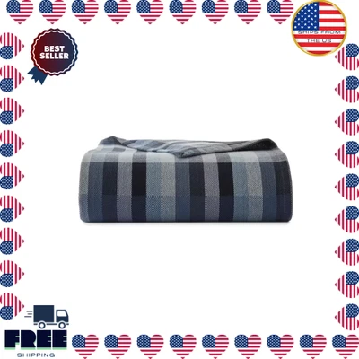 Blue Cotton King Blanket Windsor Stripe Design Soft Lightweight Cozy WovenFabric - Image 1 of 4