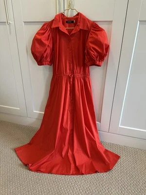 Lauren Ralph Lauren Red Cotton Puff Sleeve Midi Dress Sz 14 Preppy Princess - Image 1 of 4